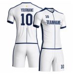 Custom soccer goalkeeper uniform in white and navy blue pinstripe design with V-neck jersey, shorts, team name and player number