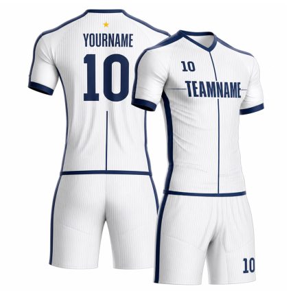 Custom soccer goalkeeper uniform in white and navy blue pinstripe design with V-neck jersey, shorts, team name and player number