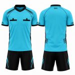 Custom soccer referee kit with high-visibility V-neck jersey, dual chest pockets, contrast trim and matching official shorts