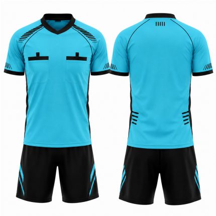 Custom soccer referee kit with high-visibility V-neck jersey, dual chest pockets, contrast trim and matching official shorts