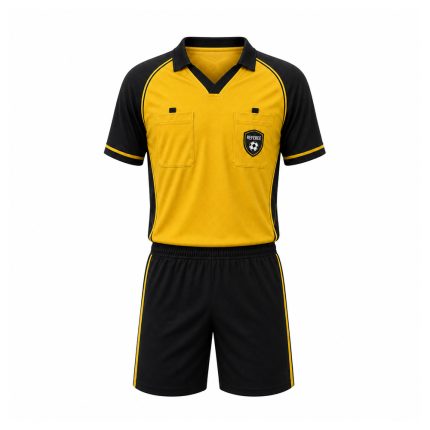 Custom soccer referee uniform in yellow and black with V-neck jersey, twin chest pockets, badge loop, and matching shorts