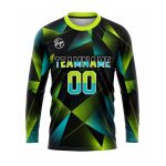 Custom sublimated soccer jersey with long sleeves, brush stroke design, personalized team name and player number