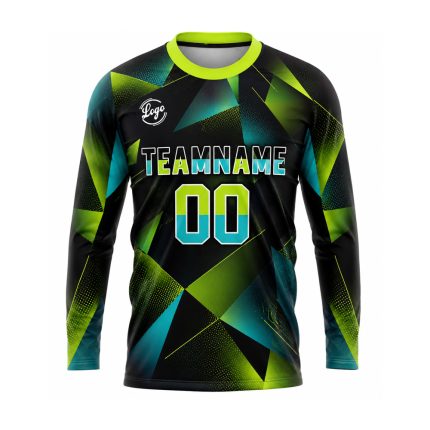 Custom sublimated soccer jersey with long sleeves, brush stroke design, personalized team name and player number