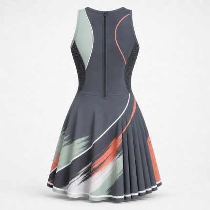 Custom tennis dress for women in charcoal grey with brushstroke print and pleated skirt, custom sportswear manufacturer