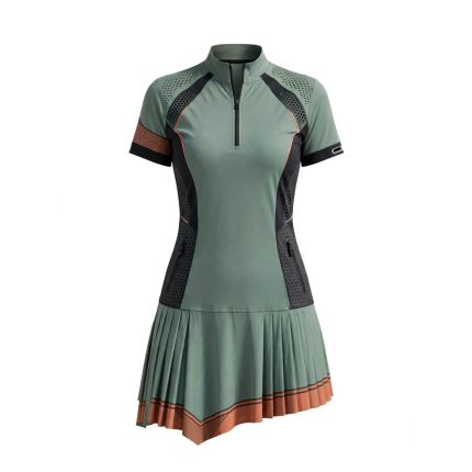 Custom tennis dress for women in sage green with ventilation panels, zip neck, and pleated skirt, pro performance sportswear manufacturer