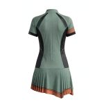 Custom tennis dress for women in sage green with ventilation panels, zip neck, and pleated skirt, pro performance sportswear manufacturer