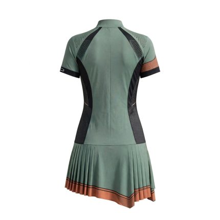 Custom tennis dress for women in sage green with ventilation panels, zip neck, and pleated skirt, pro performance sportswear manufacturer