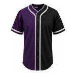 Custom Two Tone Baseball Jersey in purple and black with button down front and contrast piping
