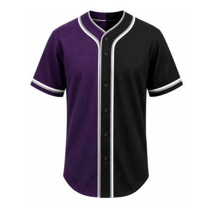 Custom Two Tone Baseball Jersey in purple and black with button down front and contrast piping