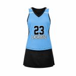 Custom women's lacrosse kit featuring sleeveless V-neck mesh top, player number graphic and matching athletic skirt
