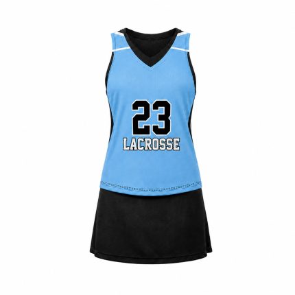 Custom women's lacrosse kit featuring sleeveless V-neck mesh top, player number graphic and matching athletic skirt