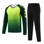 Custom youth padded soccer goalkeeper set with long sleeve jersey featuring chest and elbow pads and protective pants with hip and knee padding