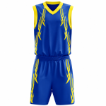 Flame basketball uniform in blue and yellow with bold fire graphics and matching shorts