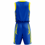Flame basketball uniform in blue and yellow with bold fire graphics and matching shorts