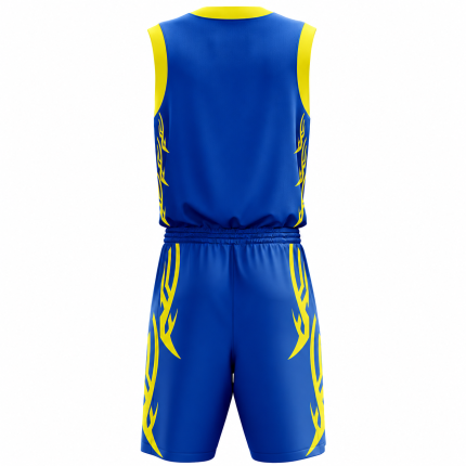 Flame basketball uniform in blue and yellow with bold fire graphics and matching shorts