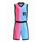 Gradient basketball uniform in pink and blue ombre with matching shorts and black trim