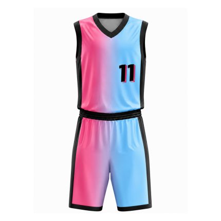 Gradient basketball uniform in pink and blue ombre with matching shorts and black trim