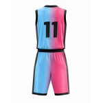 Gradient basketball uniform in pink and blue ombre with matching shorts and black trim