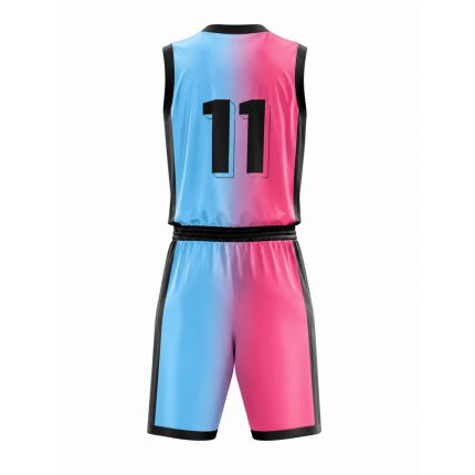 Gradient basketball uniform in pink and blue ombre with matching shorts and black trim