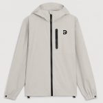 Lightweight packable running jacket featuring hood storage pocket and waterproof front zipper.