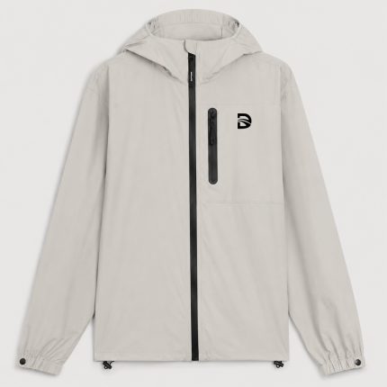 Lightweight packable running jacket featuring hood storage pocket and waterproof front zipper.