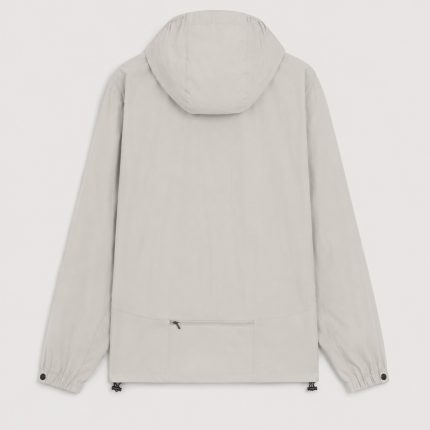 Lightweight packable running jacket featuring hood storage pocket and waterproof front zipper.