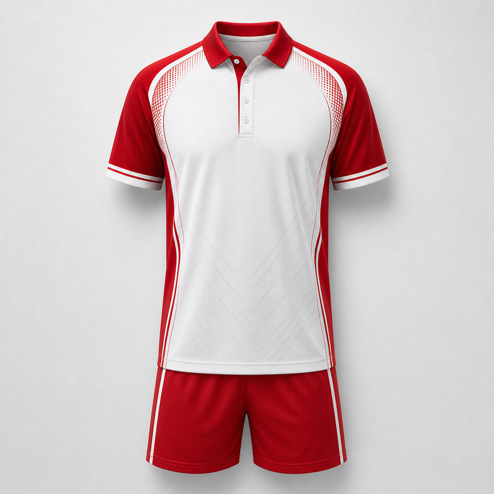 mens-tennis-kit-polo-shorts-red-white-custom-manufacturer Men's tennis kit with red and white polo shirt and matching shorts, custom sportswear manufacturer for clubs and brands