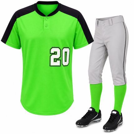 Custom neon green baseball uniform with black shoulder panels two-button jersey and grey pants number 20