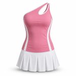 One-shoulder tennis dress for women in pink and white with pleated skirt, custom sportswear manufacturer for boutique brands