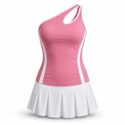 One-shoulder tennis dress for women in pink and white with pleated skirt, custom sportswear manufacturer for boutique brands