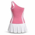 One-shoulder tennis dress for women in pink and white with pleated skirt, custom sportswear manufacturer for boutique brands