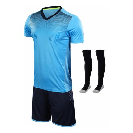 Sky blue padded goalkeeper jersey kit with navy hip-protected shorts and matching black football socks