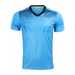 Sky blue padded goalkeeper jersey kit with navy hip-protected shorts and matching black football socks