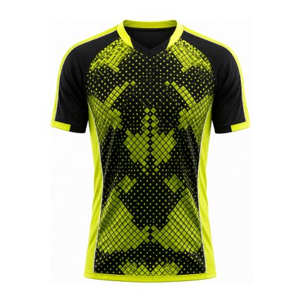 green and black diamond pattern performance soccer jersey with V-neck collar and raglan sleeves for training