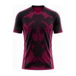Magenta and black diamond pattern performance soccer jersey with V-neck collar and raglan sleeves for training