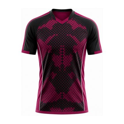Magenta and black diamond pattern performance soccer jersey with V-neck collar and raglan sleeves for training