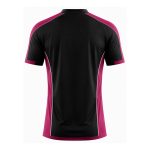 Magenta and black diamond pattern performance soccer jersey with V-neck collar and raglan sleeves for training