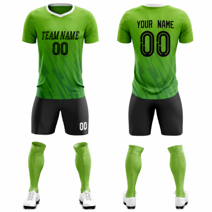 Personalized football team kit with gradient sublimated jersey, black shorts, matching socks, team name and player number
