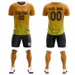 Personalized football team kit with gradient sublimated jersey, black shorts, matching socks, team name and player number