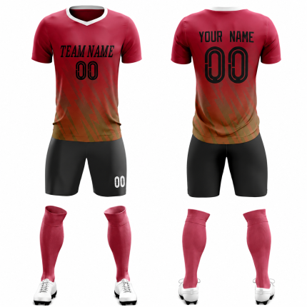 Personalized football team kit with gradient sublimated jersey, black shorts, matching socks, team name and player number