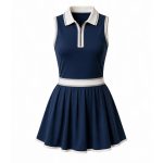 Polo tennis dress for women in green and white with zip front and fitted waist, custom sportswear manufacturer for country clubs and brands