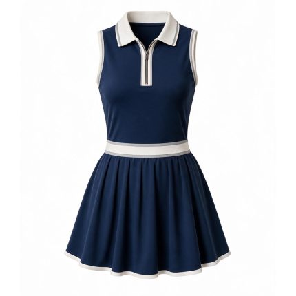 Polo tennis dress for women in green and white with zip front and fitted waist, custom sportswear manufacturer for country clubs and brands