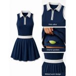 Polo tennis dress for women in green and white with zip front and fitted waist, custom sportswear manufacturer for country clubs and brands