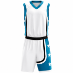 Star basketball uniform in white and blue with bold star graphics and matching shorts