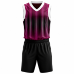 Sublimated basketball uniform in maroon and black pinstripe with matching black shorts