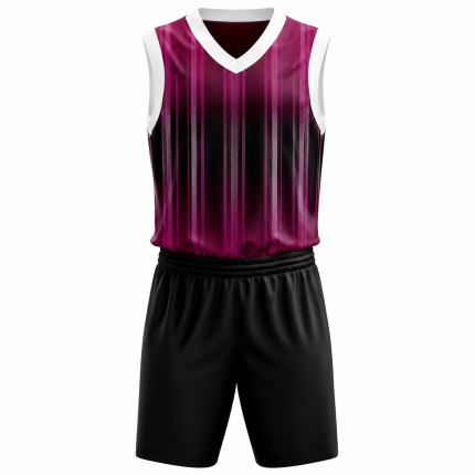 Sublimated basketball uniform in maroon and black pinstripe with matching black shorts