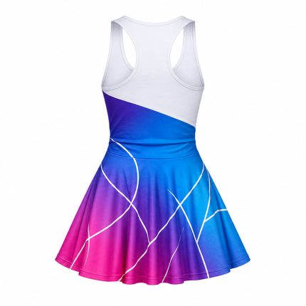 Sublimated tennis dress for women in white blue purple and pink ombre with racerback design, custom sportswear manufacturer