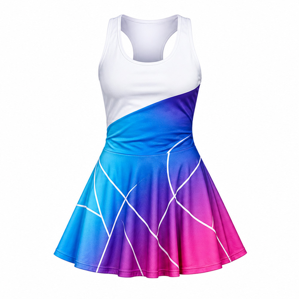 sublimated-tennis-dress-women-blue-purple-pink-racerback-manufacturer Sublimated tennis dress for women in white blue purple and pink ombre with racerback design, custom sportswear manufacturer