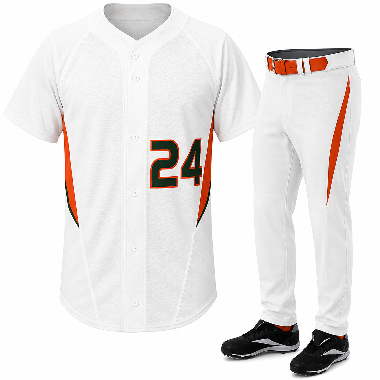sublimated-white-baseball-uniform-orange-green-side-panels Sublimated white baseball uniform with orange and green side panels, full button jersey and tapered pants for team wholesale orders