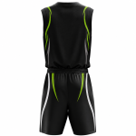 Wholesale basketball uniform in black and green with tribal design and matching shorts